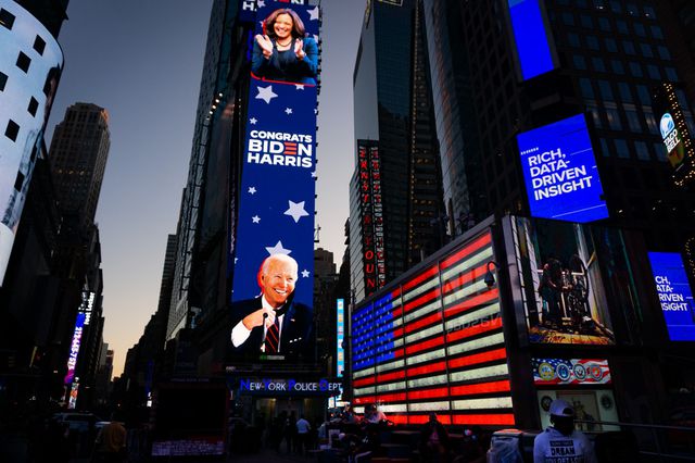 A photo of Times Square congratulating Biden & Harris